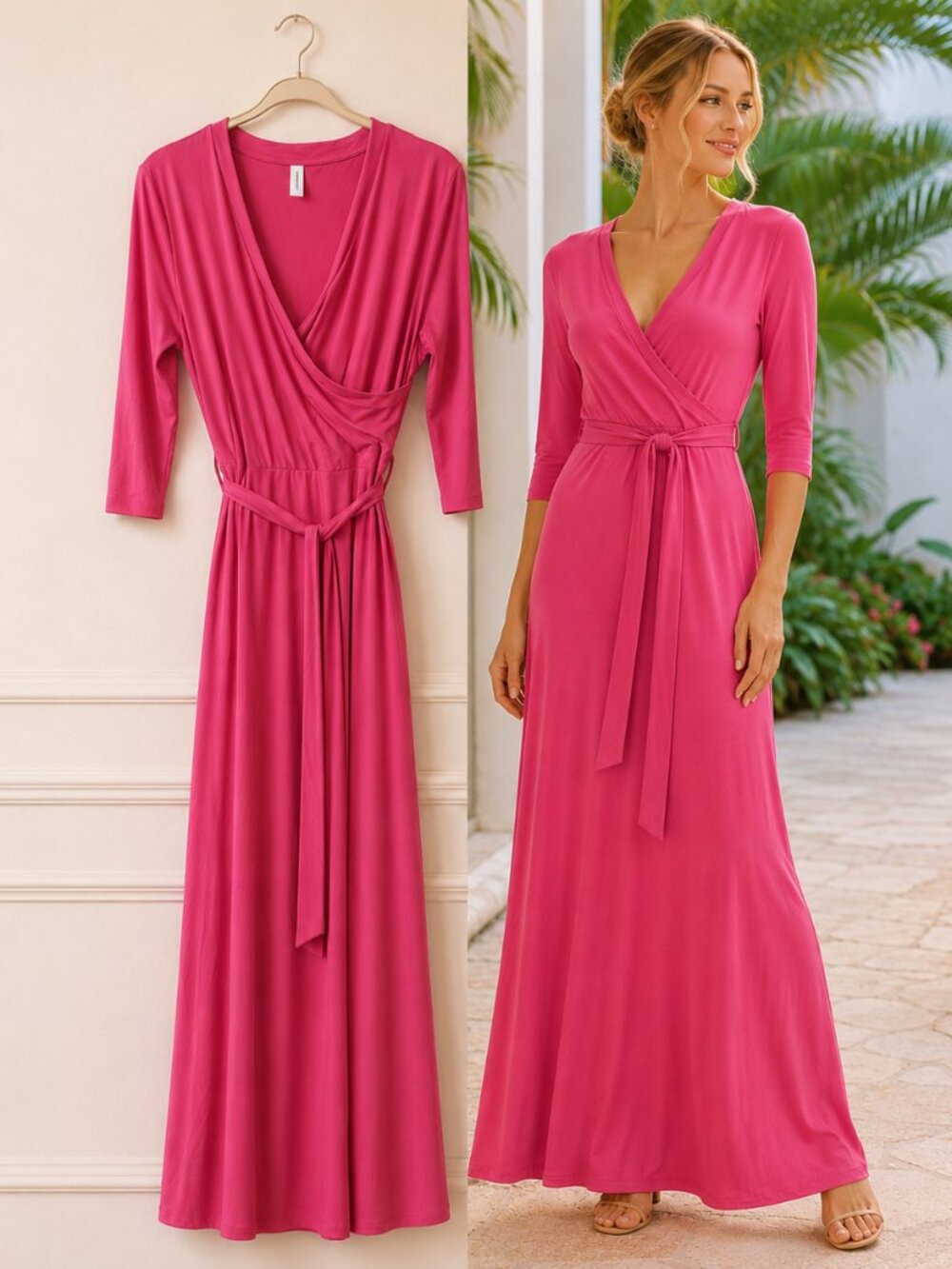 Fandee Pink Surplice V Neck Belted 3/4 Sleeve Maxi Dress Formal Wedding Resort